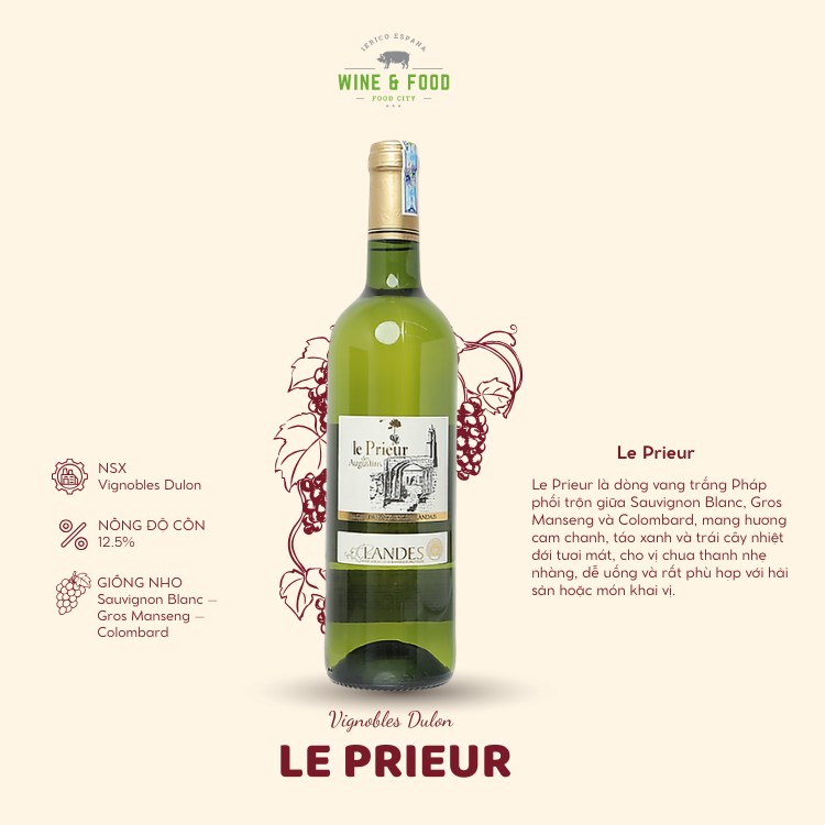 Rượu Vang Trắng Le Prieur Nho: Sauvignon - Gros Manseng - Columbard (Pháp)